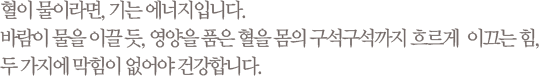 혈이 물이라면, 기는 에너지입니다. 바람이 물을 이끌 듯, 영양을 품은 혈을 몸의 구석구석까지 흐르게  이끄는 힘, 두 가지에 막힘이 없어야 건강합니다.