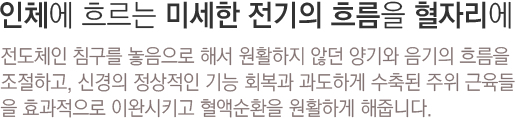 인체에 흐르는 미세한 전기의 흐름을 혈자리에 전도체인 침구를 놓음으로 해서 원활하지 않던 양기와 음기의 흐름을 조절하고, 신경의 정상적인 기능 회복과 과도하게 수축된 주위 근육들을 효과적으로 이완시키고 혈액순환을 원활하게 해줍니다.